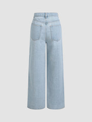 Denim Mid Waist Floral Pocket Wide Leg Jeans