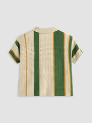 Knit Polo Striped Hollow Out Short Sleeve Top