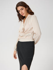 Satin V-neck Wrap Zip Long Sleeve Blouse