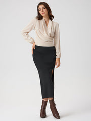 Satin V-neck Wrap Zip Long Sleeve Blouse