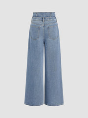 Double High Rise Solid Button Wide Leg Jeans