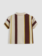 Knit Polo Striped Hollow Out Short Sleeve Top