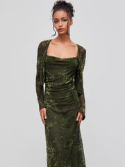 Jacquard Cowl Neck Floral Ruched Maxi Dress
