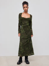 Jacquard Cowl Neck Floral Ruched Maxi Dress