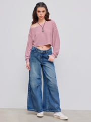 Cotton-blend Asymmetrical Neck Stripe Oversized Crop Sweatshirt