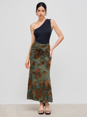 Mid Rise Floral Ruched Maxi Mermaid Skirt