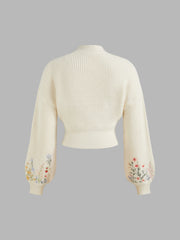 Knit High Neck Floral Embroidery Crop Top