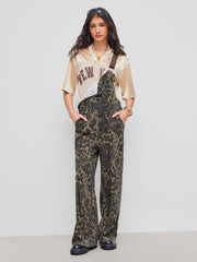 Denim Leopard Pocket Buckle Up Wide Leg Oversized Jumpsuit