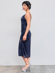 Cowl Neck Glitter Ruched Split Drawstring Maxi Dress