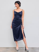 Cowl Neck Glitter Ruched Split Drawstring Maxi Dress