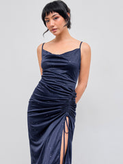 Cowl Neck Glitter Ruched Split Drawstring Maxi Dress