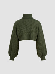 Cable Knit Turtleneck Solid Long Sleeve Crop Top