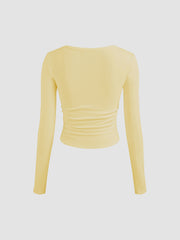 Cotton-blend Boat Neck Solid Ruched Long Sleeve Tee