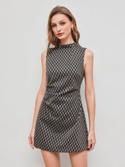 High Neck Checks Ruched Mini Dress