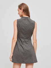 High Neck Checks Ruched Mini Dress