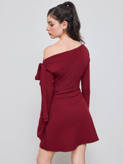 Asymmetrical Neck Ruched Knotted Mini Dress