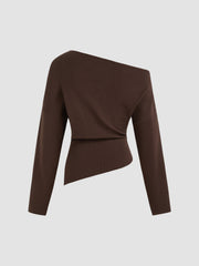 Knit Asymmetrical Neck Solid Ruched Long Sleeve Top