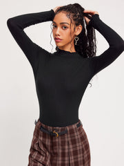 High Neck Solid Lettuce Trim Bodysuit