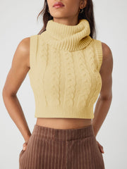 High Neck Solid Cable Knit Crop Vest