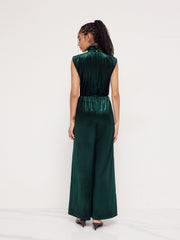 Velvet High Neck Ruched Zipper Wide Leg Jumpsuit