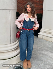 Denim Solid Buckle Pocket Barrel-leg Jumpsuit