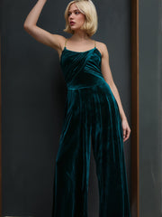 Solid Velvet Scoop Neckline Sleeveless Ruched Jumpsuit