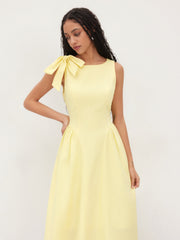 Linen-blend Boat Neck Bowknot Ruffle Midi Dress