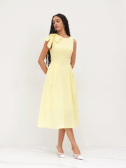 Linen-blend Boat Neck Bowknot Ruffle Midi Dress