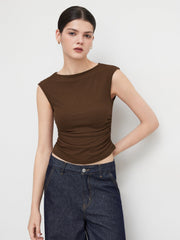 Boat Neck Solid Ruched Tank Top