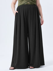 Solid Elastic Waist Pocket Wide Leg Pants Curve & Plus
