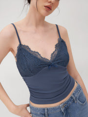 V-neck Solid Lace Ruched Cami Top