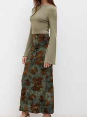 Boat Neck Long Sleeve Top & Mid Rise Floral Ruched Maxi Skirt Set