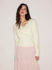 Knit V-neck Solid Lace Trim Wrap Long Sleeve Top