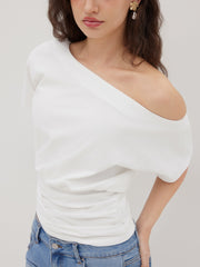 Cotton-blend Asymmetrical Neck Ruched Tee