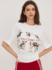 Round Neckline Holy Cow Graphic Oversized Tee