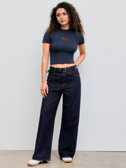 Round Neckline Pepper Embroidery Contrasting Binding Short Sleeve Tee