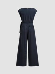 Boat Neck Stripe Ruched Knotted Straight Leg Jumpsuit