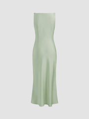 Satin Boat Neck Ruched Maxi Dress