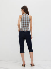 Stand Collar Plaid Ruched Split Top