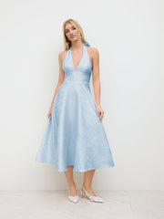 Jacquard Halter Neckline Floral Lace Up Maxi Dress