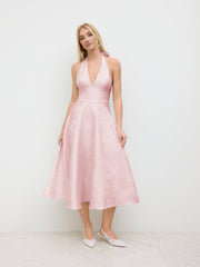 Jacquard Halter Neckline Floral Lace Up Maxi Dress