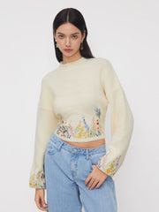 Knit High Neck Floral Embroidery Crop Top