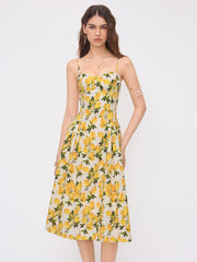 Cotton Lemon Lace Up Pleated Cami Midi Dress