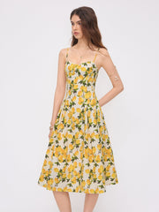 Cotton Lemon Lace Up Pleated Cami Midi Dress