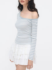 Knit Wool-blend Asymmetrical Neck Stripe Long Sleeve Top