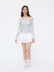 Knit Wool-blend Asymmetrical Neck Stripe Long Sleeve Top