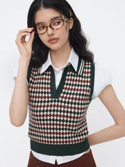 Knit Jacquard V-neck Polo Geometric Crop Vest