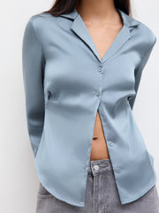 Satin Collar Long Sleeve Curved Hem Cinched Waist Shirt