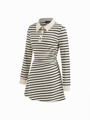 Cotton-blend Stripe Collar Long Sleeve Mini Dress