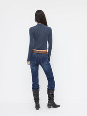 High Neck Striped Asymmetrical Zipper Metal Detail Long Sleeve Top